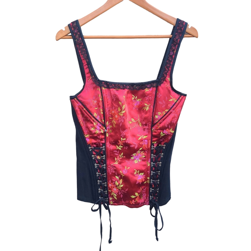 Tripp NYC | Red Brocade Floral Lace Up Corset Size Large